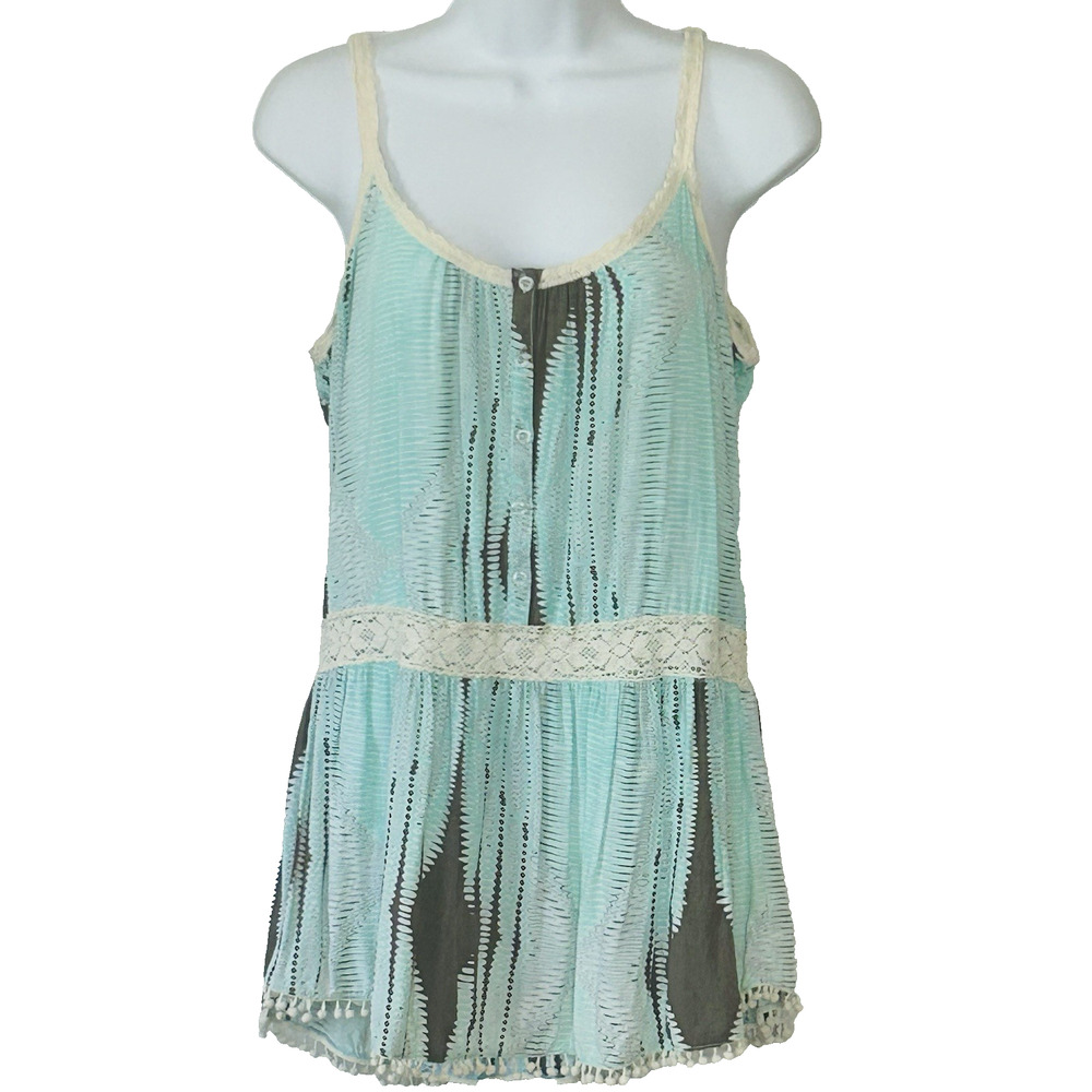 UMGEE Babydoll Top L Y2K Boho Lace Trim Sleeveless Green Brown Print Tassels